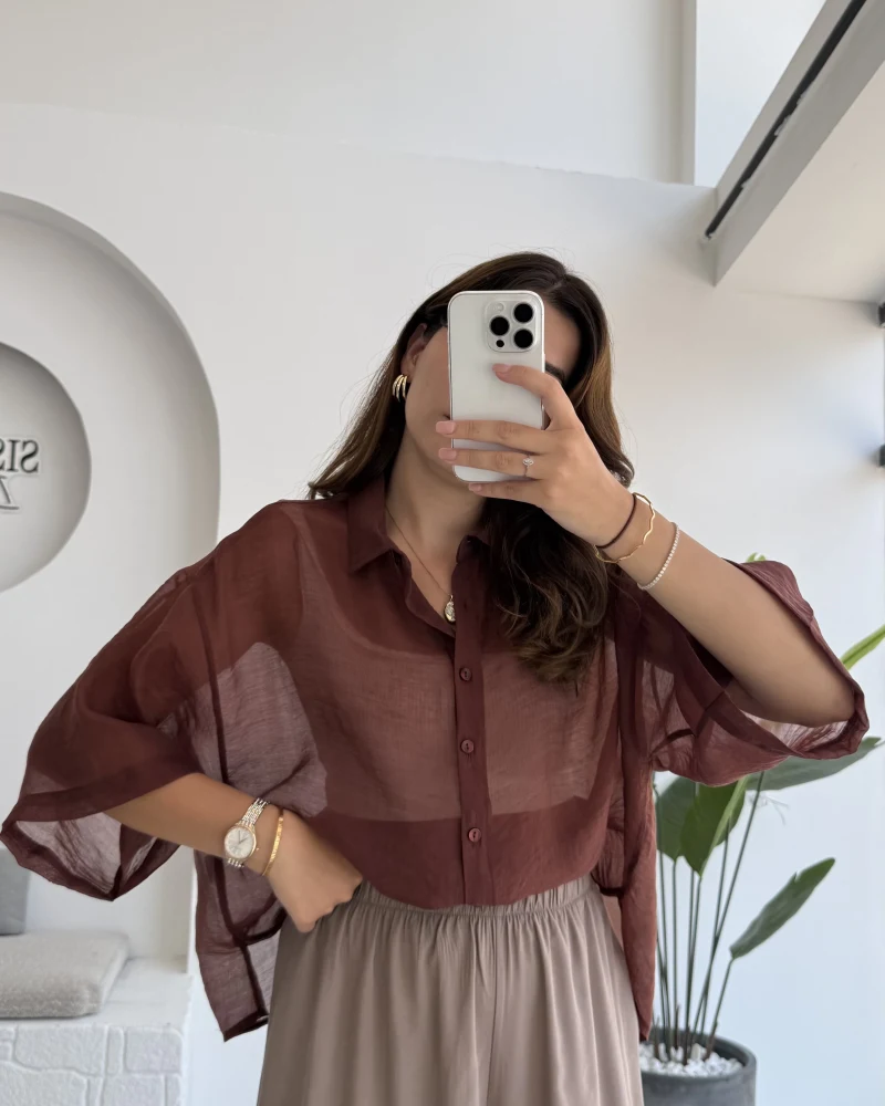 Andora Oversize İpeksi Gömlek - Tarçın - Kod: 4927