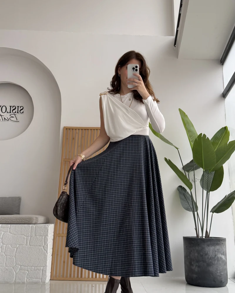Angelina Beli Deri Detaylı Ekose Etek - Lacivert-Gri
