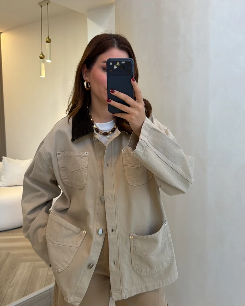 Ara Boy Kadife Yaka Denim Ceket - Bej