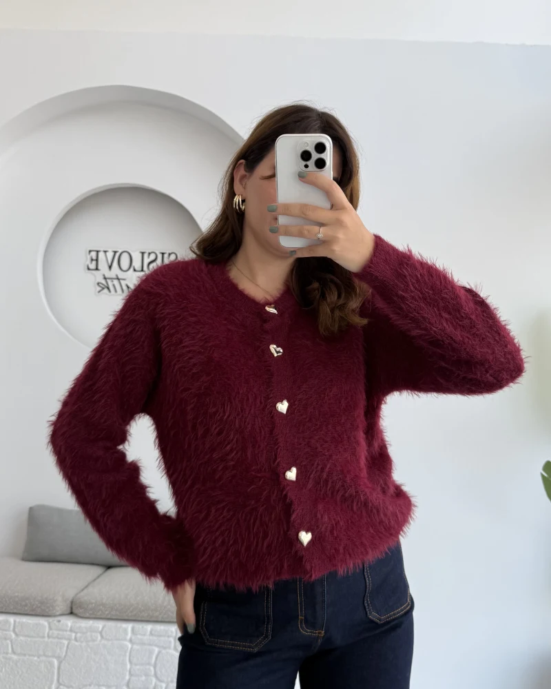 Arjana Kalp Düğmeli Sakallı Hırka - Bordo - Kod: 25502