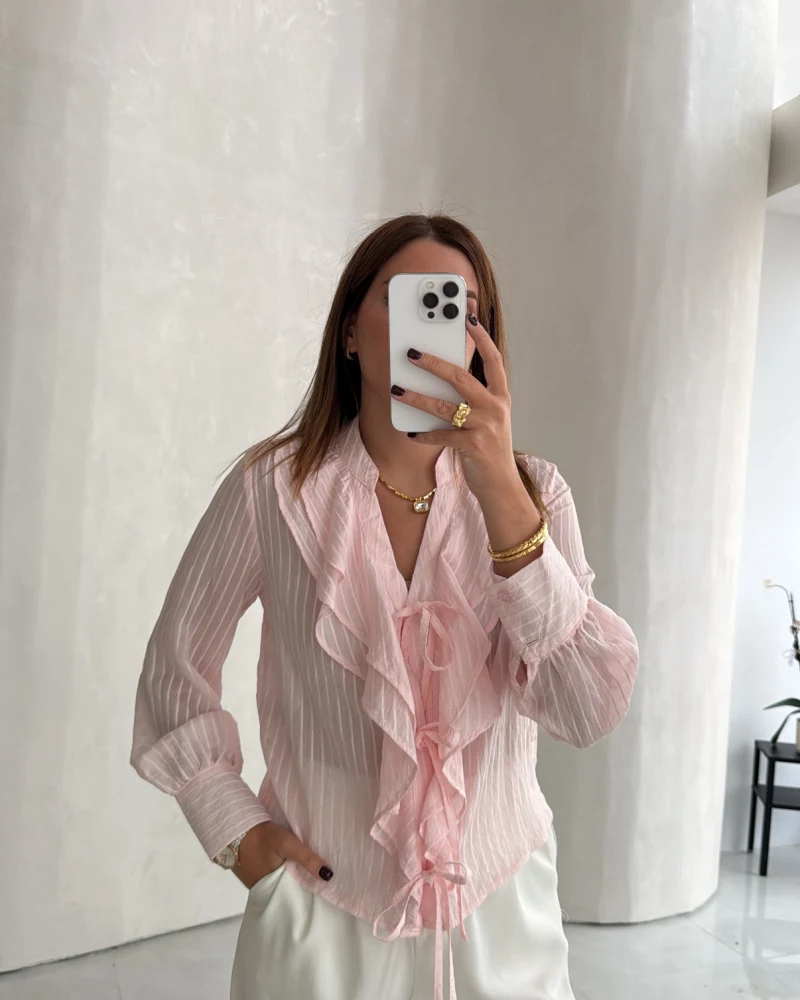 Arya Bağlamalı Fırfırlı Bluz - Pembe - Kod: 1098