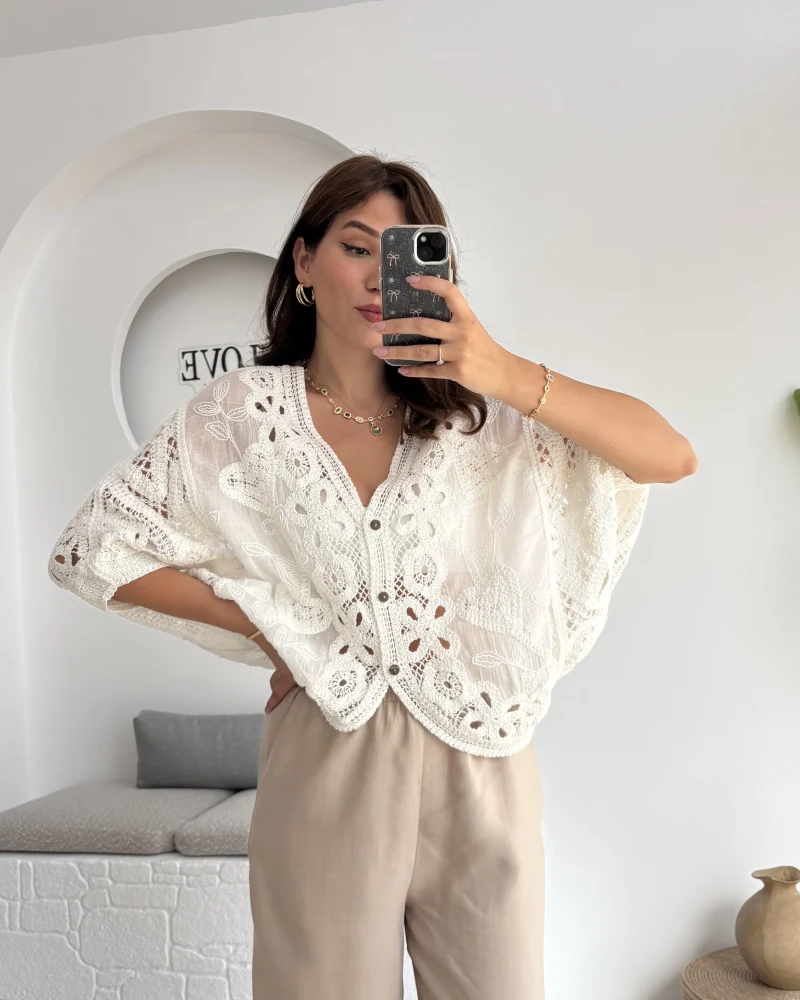 Arya Dantel Detay Kimono - Kırık Beyaz - 38866