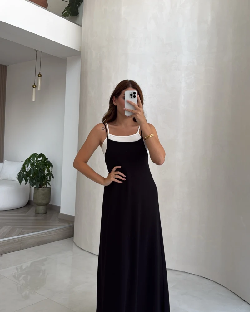 Askılı Body Detaylı Garnili Elbise - Siyah - Kod: 4171