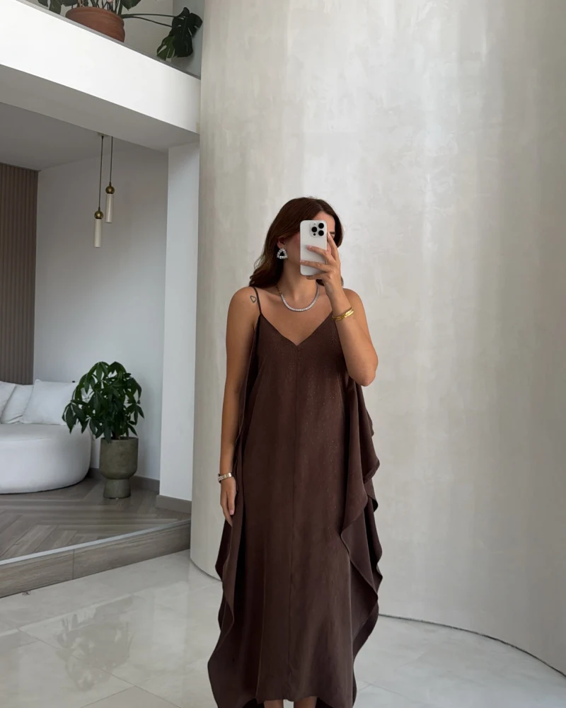Askılı Dökümlü Yırtmaç Detay Taşlı Elbise - Kahve - Kod: 3461