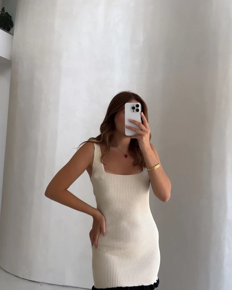Askılı Mini Triko Elbise - Ekru