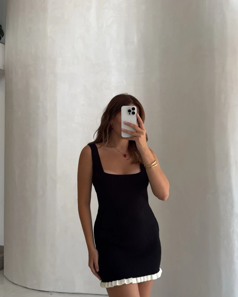 Askılı Mini Triko Elbise - Siyah