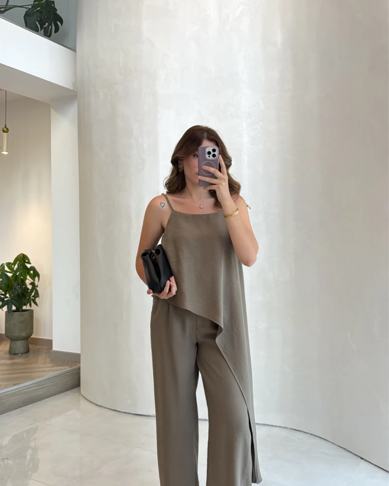 Askılı Modal Asimetrik Bluz-Pantolon Takım - Haki - Kod: 9191