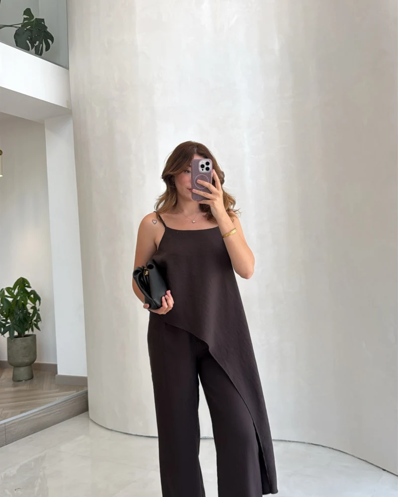Askılı Modal Asimetrik Bluz-Pantolon Takım - Kahve - Kod: 9191