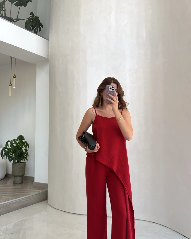 Askılı Modal Asimetrik Bluz-Pantolon Takım - Kırmızı - Kod: 9191