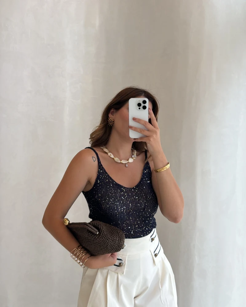Askılı Pullu Bluz - Lacivert - Kod: 2778