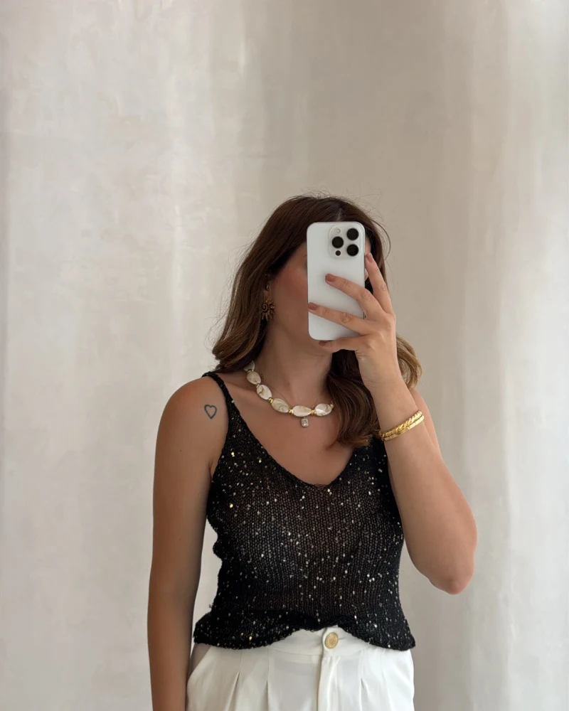 Askılı Pullu Bluz - Siyah - Kod: 2778