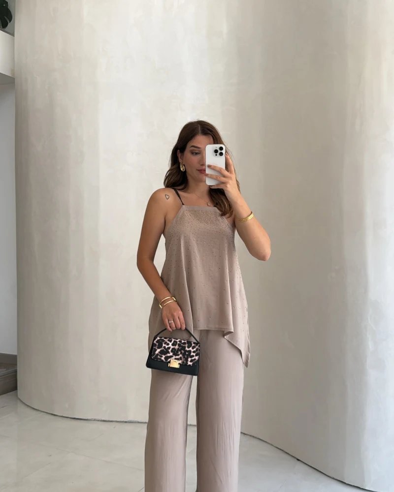 Askılı Taşlı Tulum - Bej - Kod: 3464