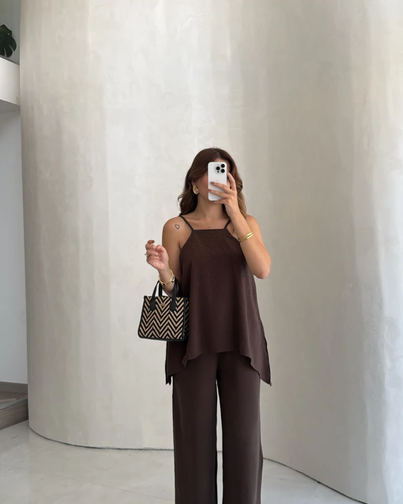 Askılı Taşlı Tulum - Kahve - Kod: 3464
