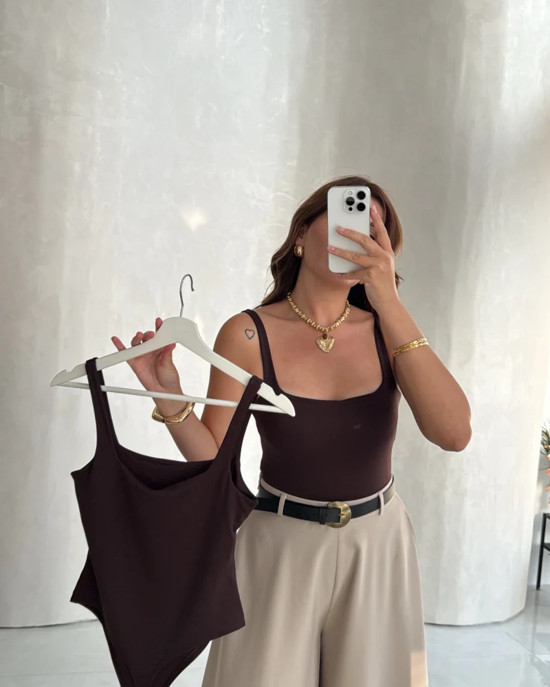 Askılı Zıbın Bodysuıt - Kahve - Kod: 071822