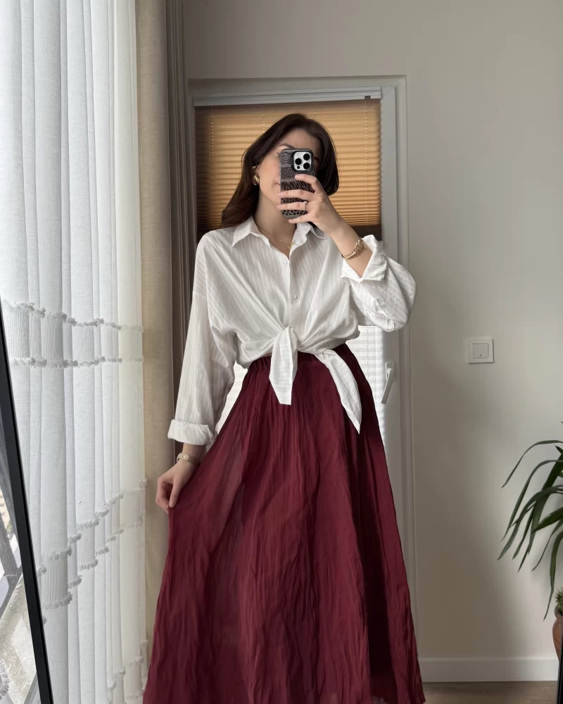 Astarlı Bordo Kloş Kırışık Etek