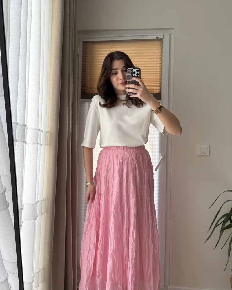 Astarlı Pembe Kloş Kırışık Etek