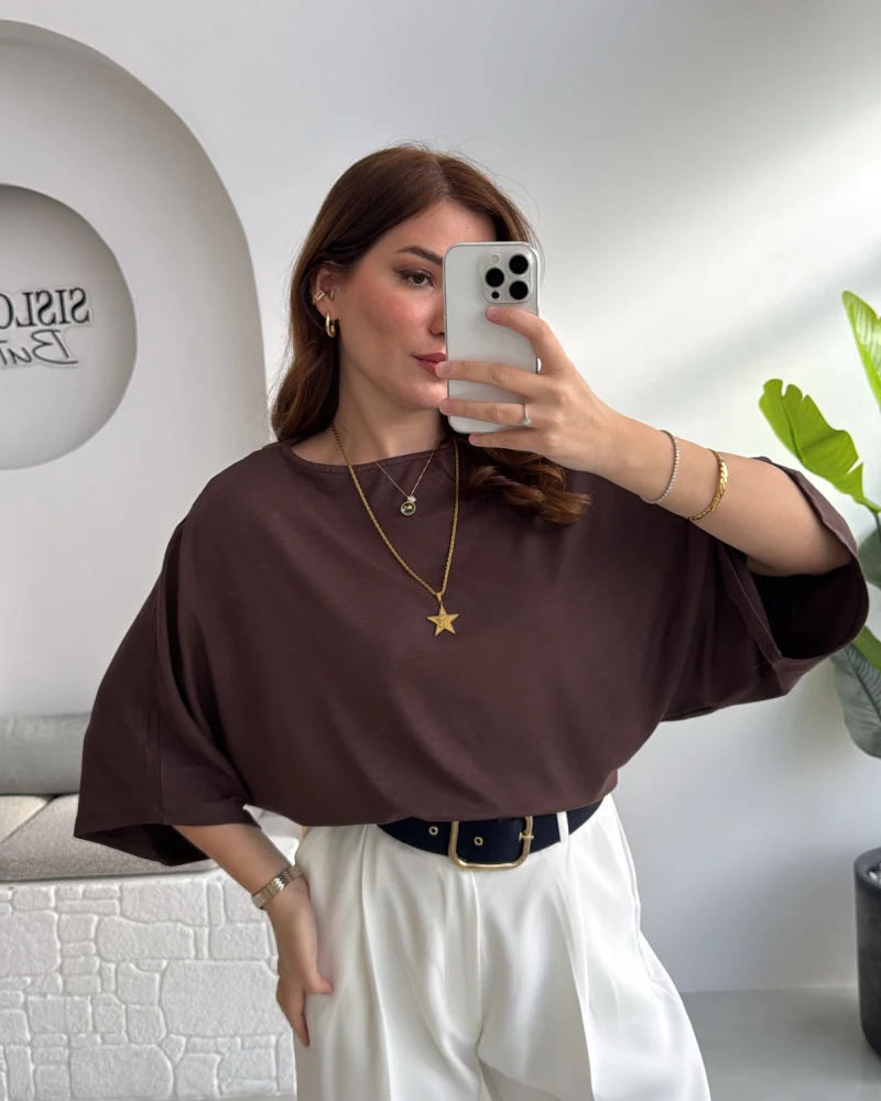 Athena Modal Yarasa Kol Kayık Yaka Bluz - Kahve