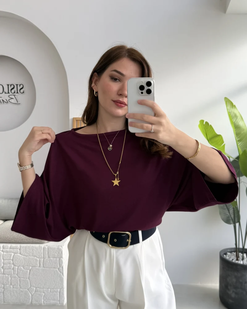 Athena Modal Yarasa Kol Kayık Yaka Bluz - Mürdüm