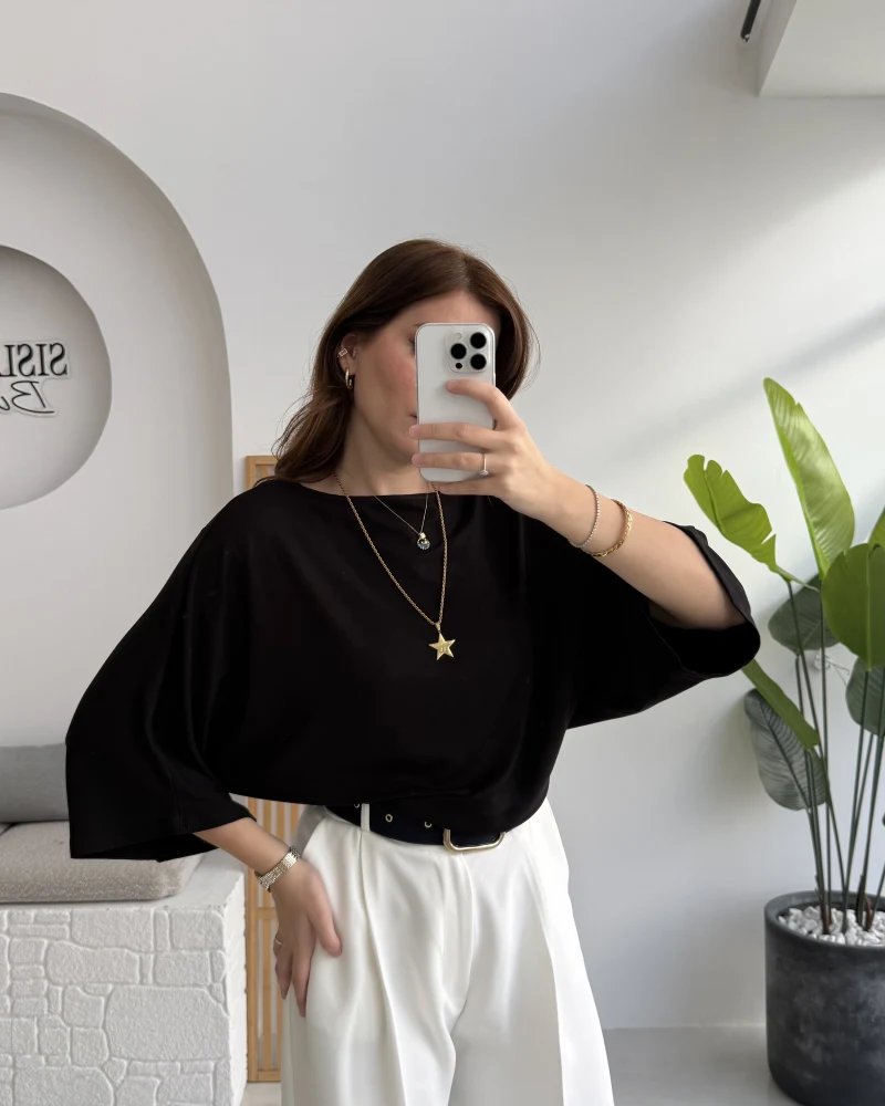 Athena Modal Yarasa Kol Kayık Yaka Bluz - Siyah