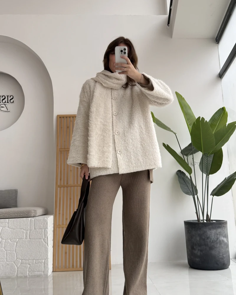 Atkılı Tüylü Ceket - Ekru - Kod: 52603