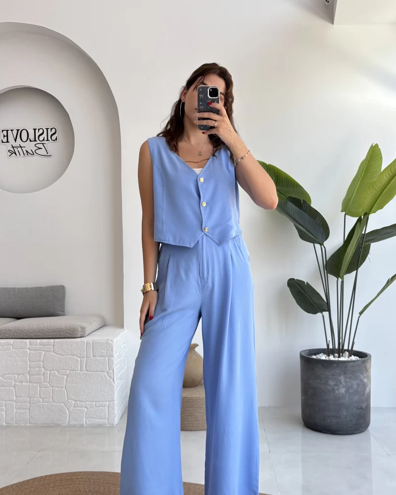 Aurora Gold Düğmeli Yelek Pantolon Takım - Mavi - 8009