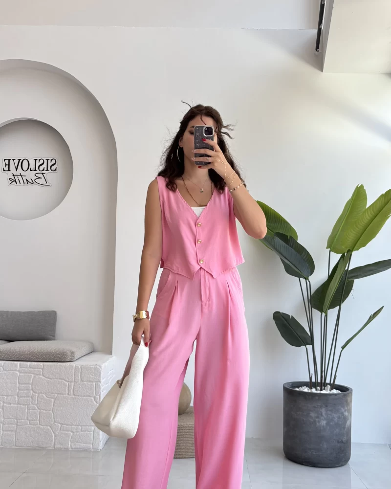 Aurora Gold Düğmeli Yelek Pantolon Takım - Pembe - 8009