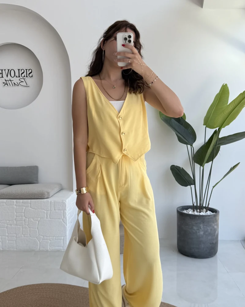 Aurora Gold Düğmeli Yelek Pantolon Takım - Sarı - 8009