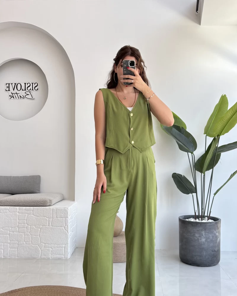 Aurora Gold Düğmeli Yelek Pantolon Takım - Yeşil - 8009