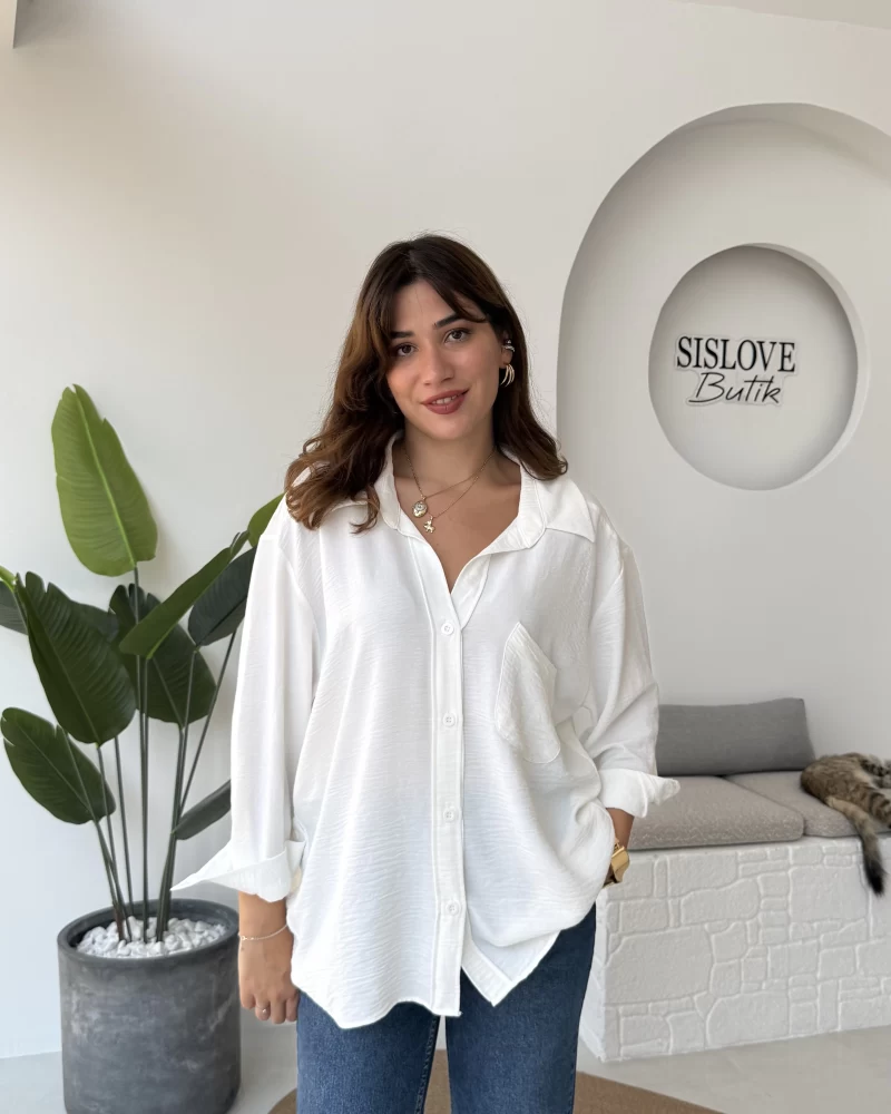 Ayrobin Kumaş Oversize Gömlek - Beyaz
