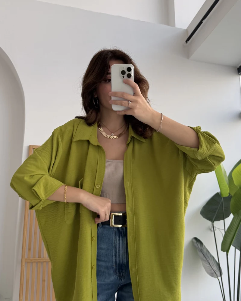 Ayrobin Kumaş Oversize Gömlek - Fıstık Yeşili