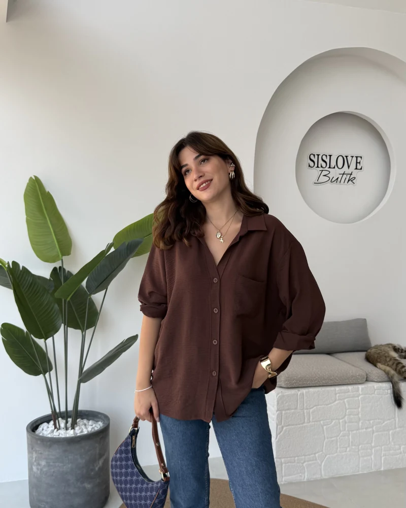 Ayrobin Kumaş Oversize Gömlek - Kahverengi