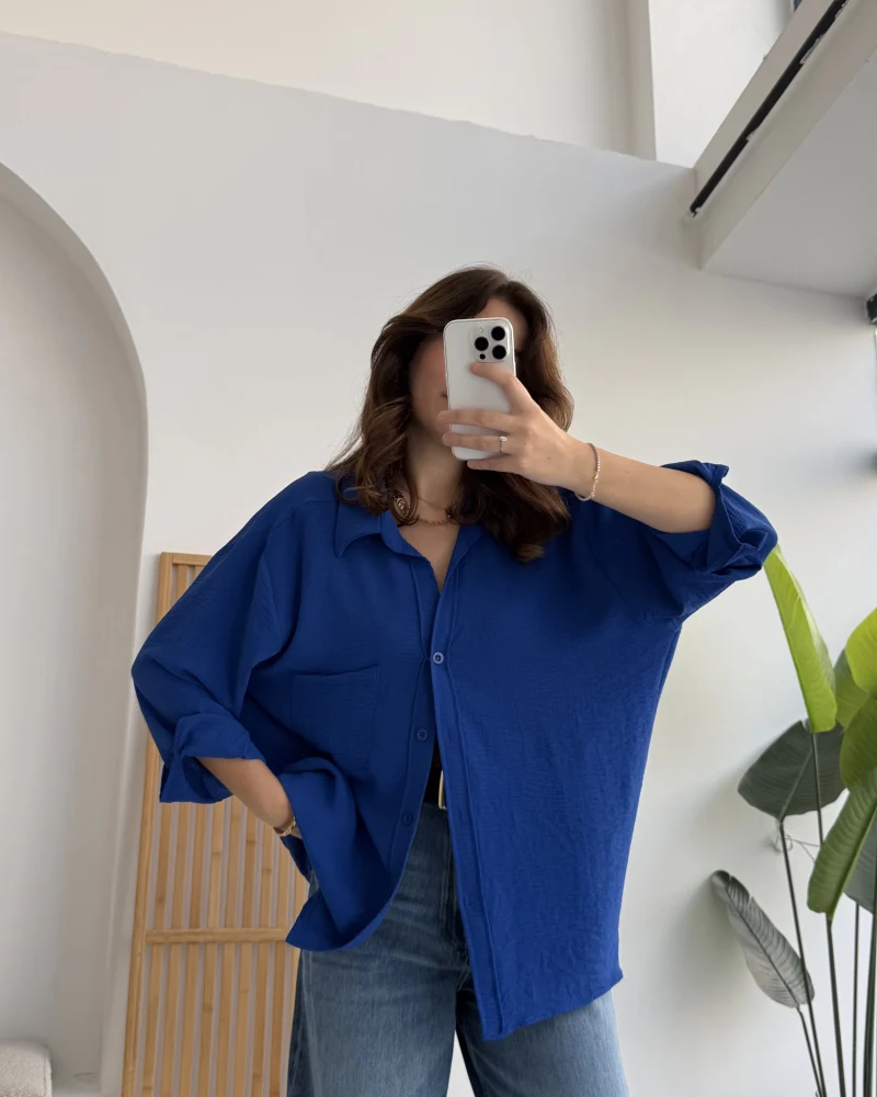 Ayrobin Kumaş Oversize Gömlek - Saks Mavisi