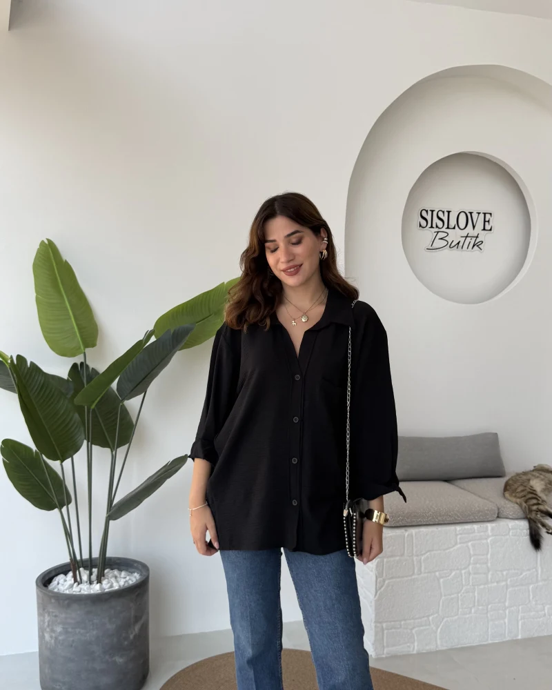 Ayrobin Kumaş Oversize Gömlek - Siyah
