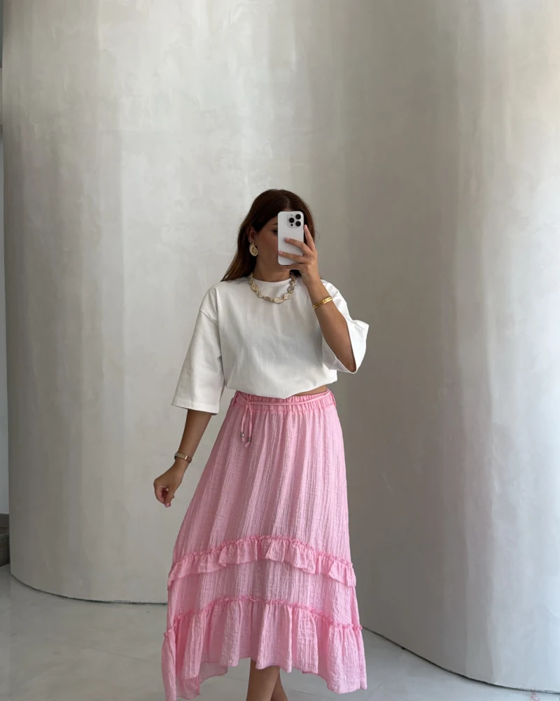 Bağcıklı Katlı Etek - Pembe - Kod: 5095