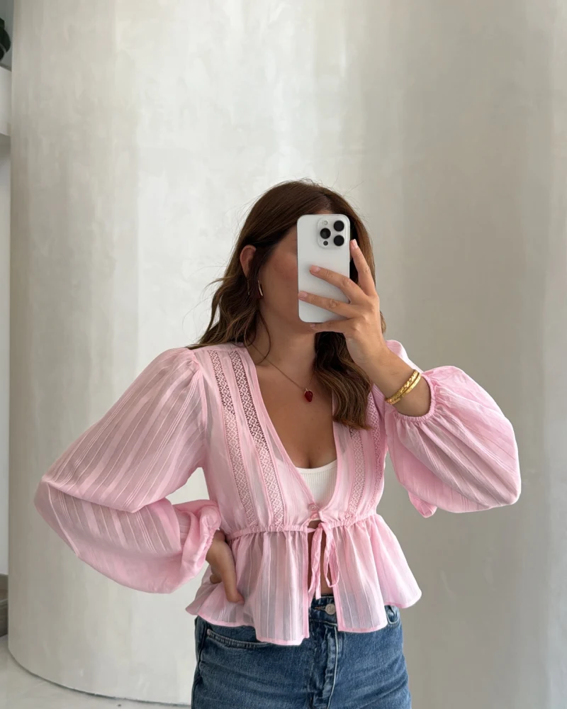 Balon Kol Beli Büzgülü Bluz - Pembe - Kod: 1066
