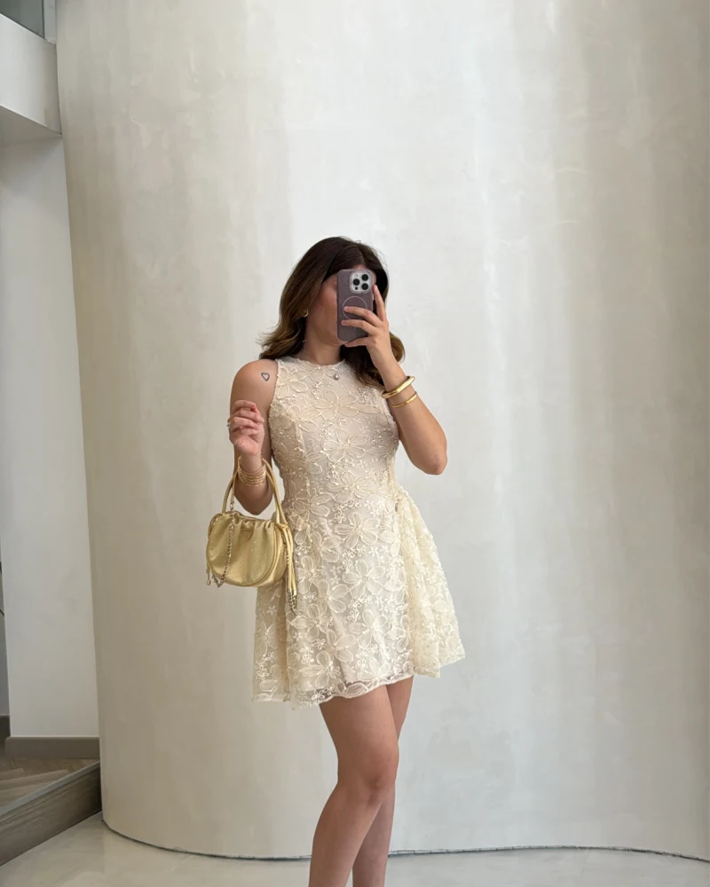 Beautiful Çiçek Dokulu Mini Elbise - Ekru - Kod: 00883