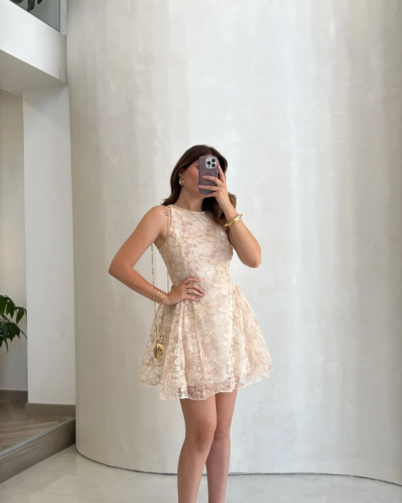 Beautiful Çiçek Dokulu Mini Elbise - Pembe - Kod: 00883