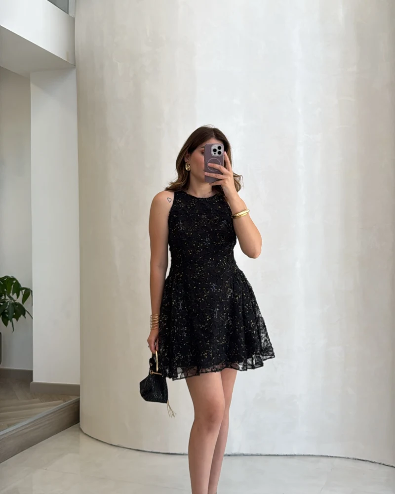 Beautiful Çiçek Dokulu Mini Elbise - Siyah - Kod: 00883
