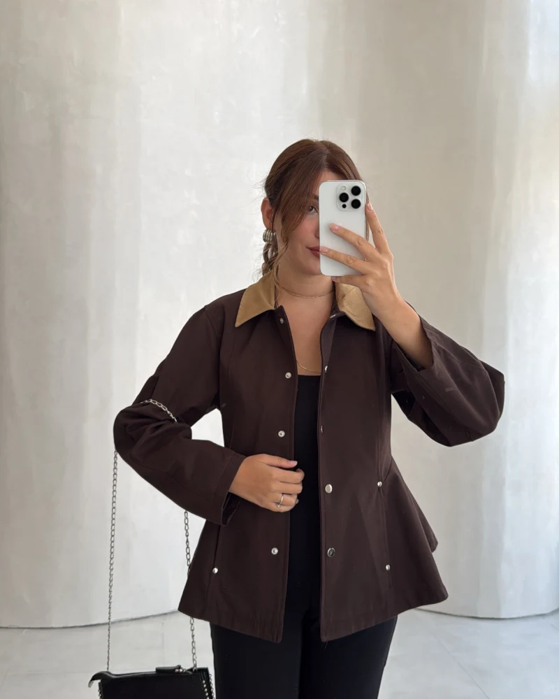 Bele Oturan Kontrast Yaka Ceket - Kahve - Kod: 7755