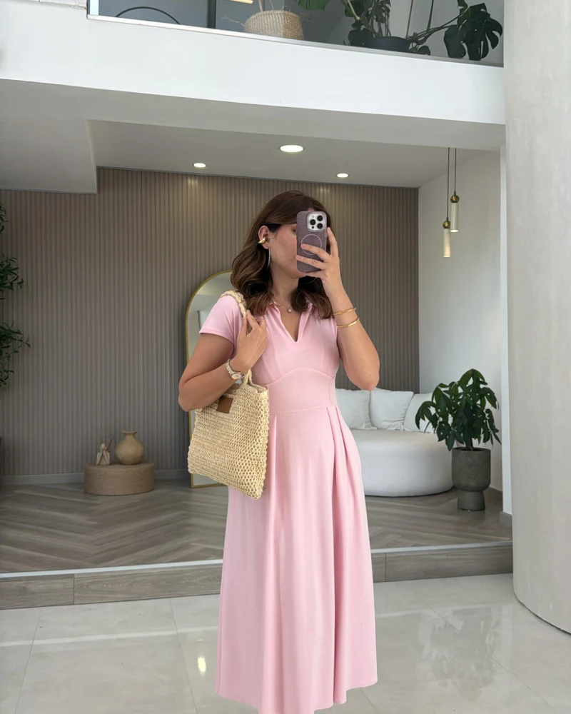 Bele Oturan Yaka Detay Elbise - Pembe - Kod: 4129