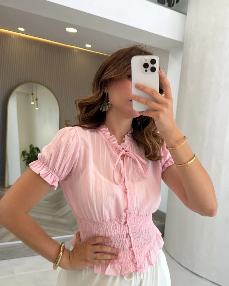 Beli Gipeli Balon Kol Gömlek - Pembe - Kod: 2298