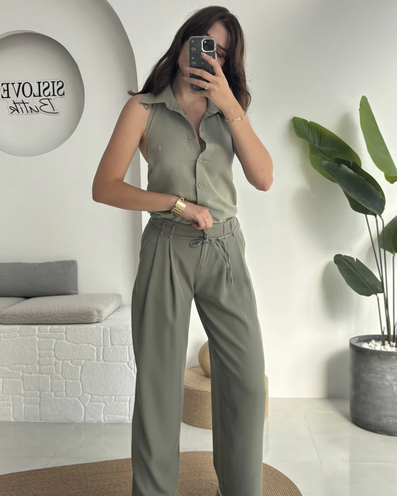 Beli İpli Pantolon - Yeşil - 4019