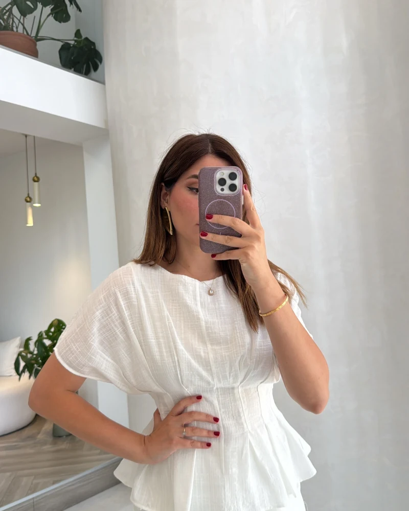 Beli Pileli Bluz - Beyaz - Kod: 1078