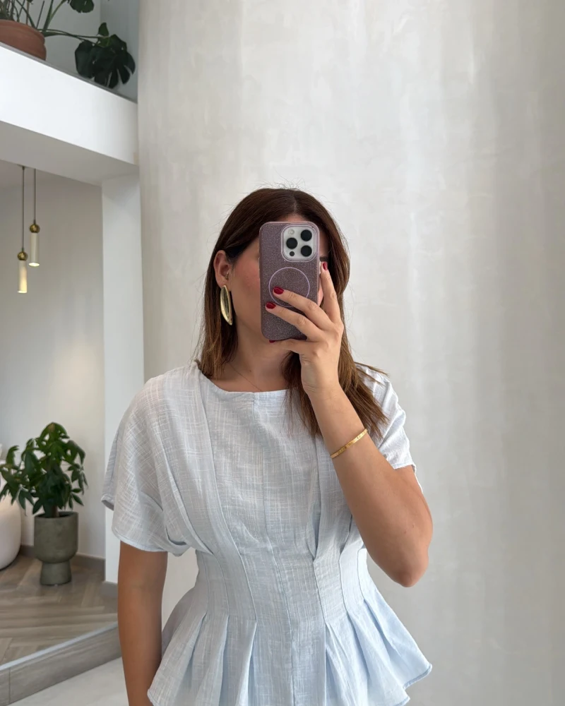 Beli Pileli Bluz - Mavi - Kod: 1078