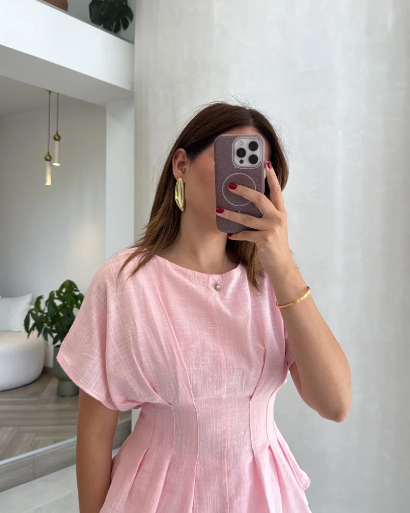 Beli Pileli Bluz - Pembe - Kod: 1078