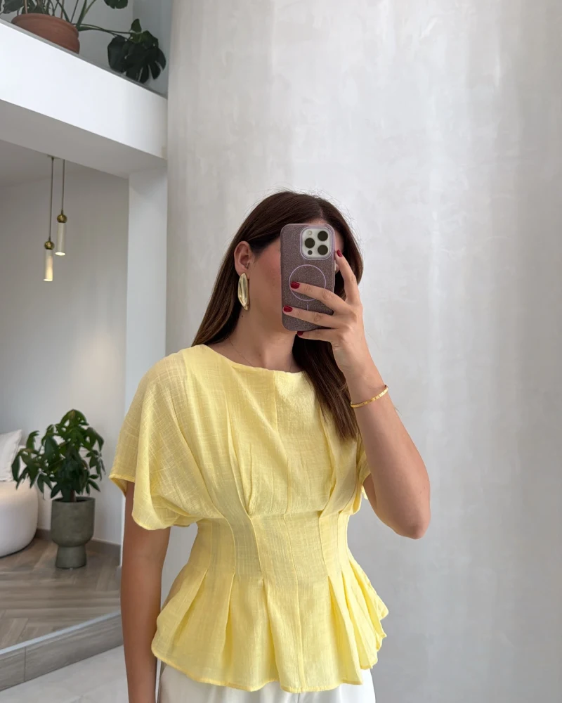 Beli Pileli Bluz - Sarı - Kod: 1078