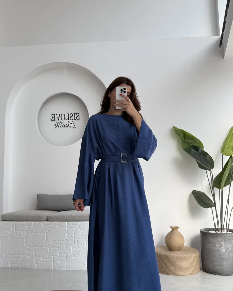 Berlin Kuşaklı Uzun Elbise - İndigo - 6031