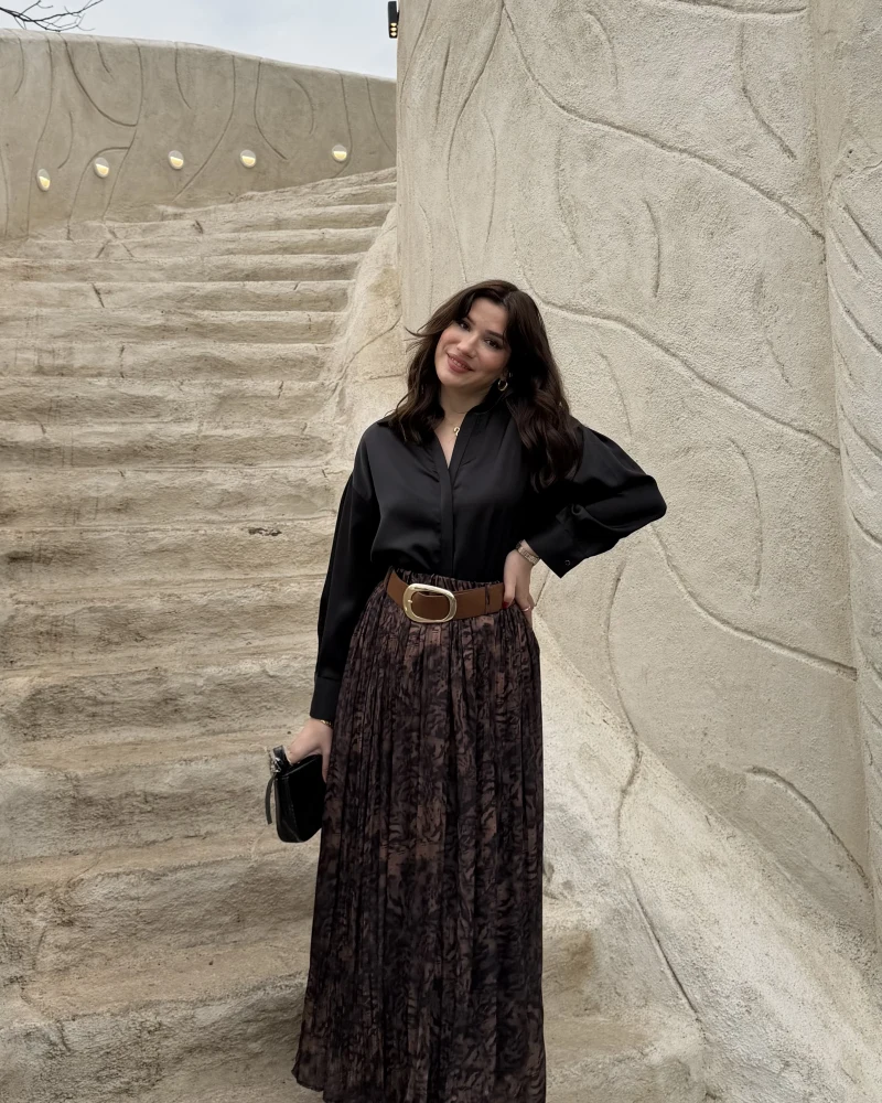 Berry Kemerli Desenli Piliseli Etek - Kahve - Kod: 3375