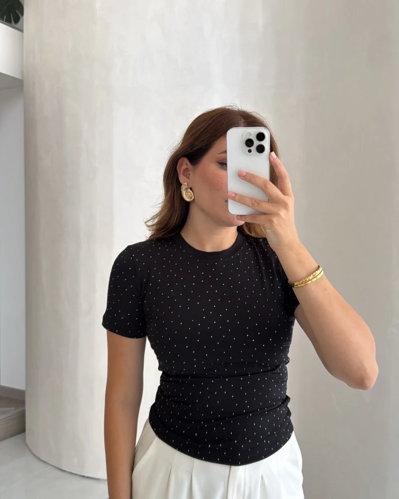 Bisiklet Yaka Taşlı T-shirt - Siyah - Kod: 1598