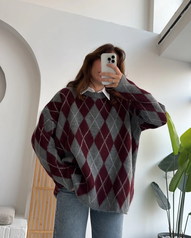 Bol Kesim Bisiklet Yaka Baklava Kazak - Antrasit-Bordo